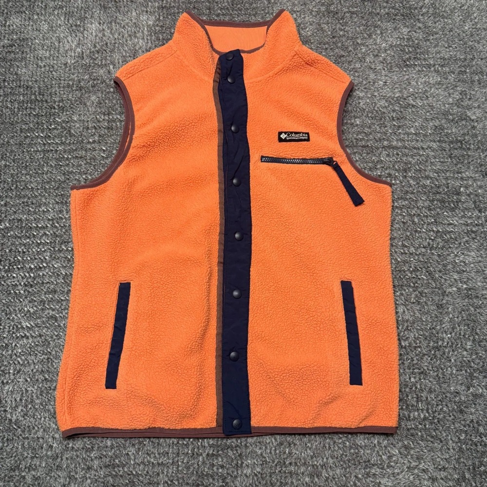 Columbia Mens Sherpa‎ Fleece Vest Size M Orange Blue Snap Front Outdoor